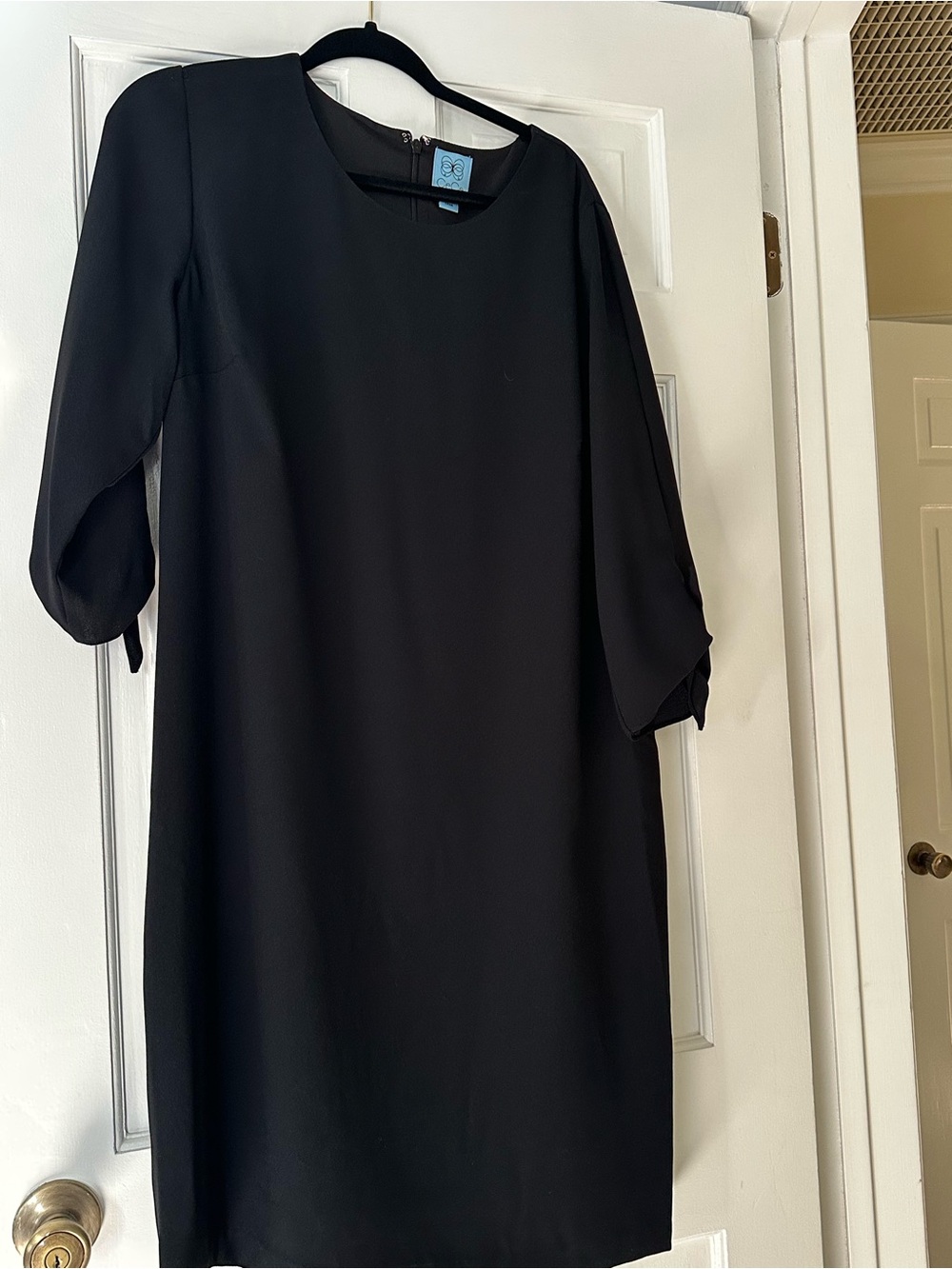 CeCe Black Midi Shift Dress with Tie-Sleeve Detail